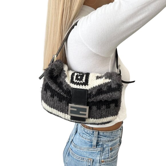 FENDI Vintage FF Logo Knit Mamma Baguette Shoulder Bag Black Gray [106044] - Picture 1 of 12